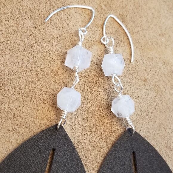 Handmade Brown Leather Leaf Earrings with White Beads - Picture 3 of 5